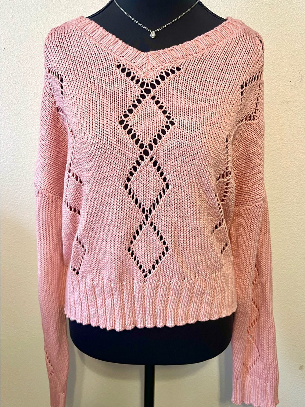 miami Pink Open-Knit Diamond Crew Sweater